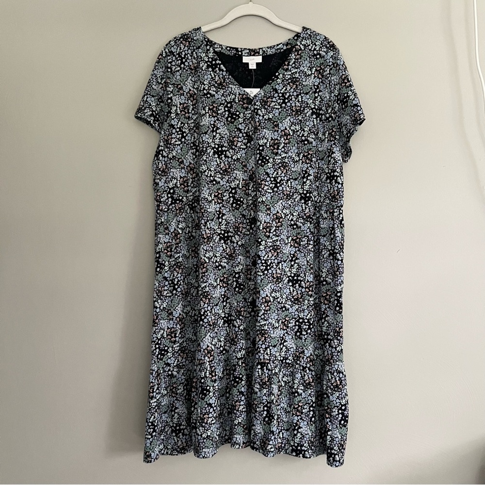 J. Jill Blue Ditsy Floral V-Neck Button Front Petite Midi Dress